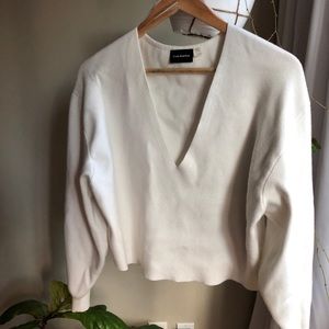 Frank and Oak Deep V Crop White Sweater